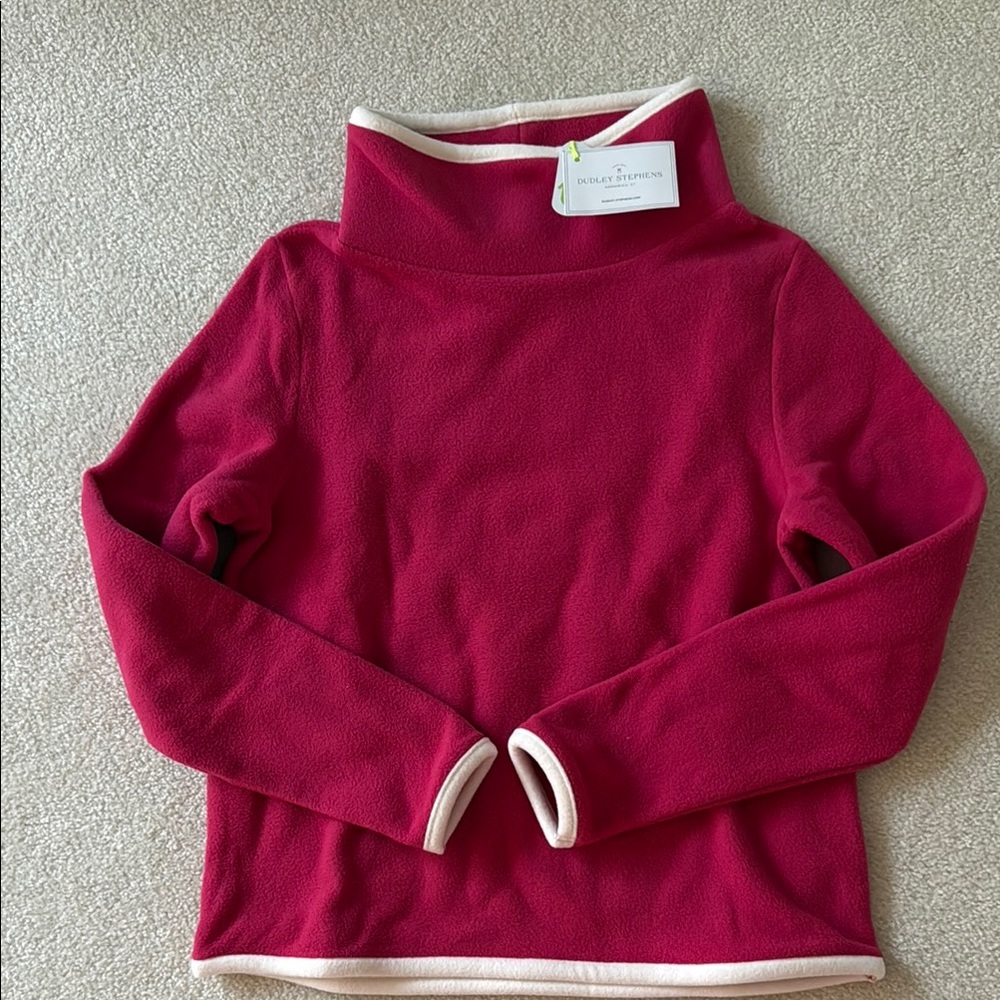Dudley Stephens Raspberry Pink Turtleneck Fleece Sweater with Cream Trim
